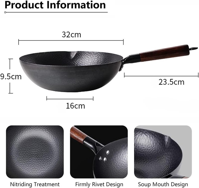Angju Carbon Steel Wok Pan - 32cm Woks and Stir Fry Pans with Lid, No Chemical Coated Wok Pan for Electric, Induction & Gas Stoves, Nonstick Iron Wok and Stir Fry Pan with Detachable Wooden Handle - Image 5