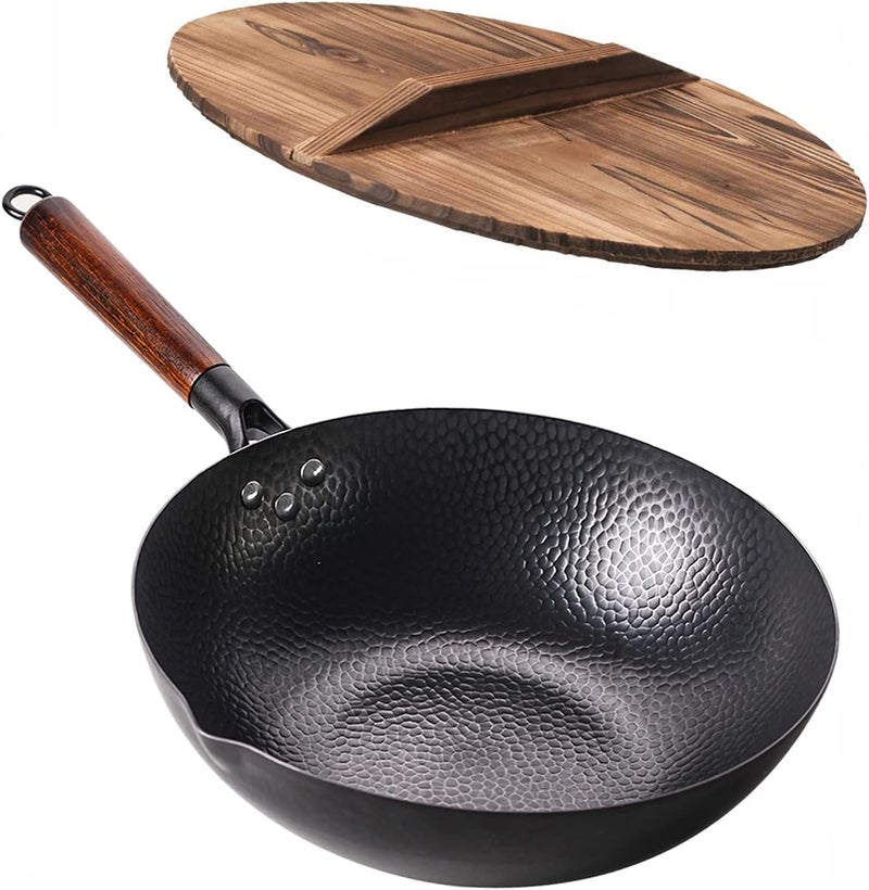 Angju Carbon Steel Wok Pan - 32cm Woks and Stir Fry Pans with Lid, No Chemical Coated Wok Pan for Electric, Induction & Gas Stoves, Nonstick Iron Wok and Stir Fry Pan with Detachable Wooden Handle - Image 1