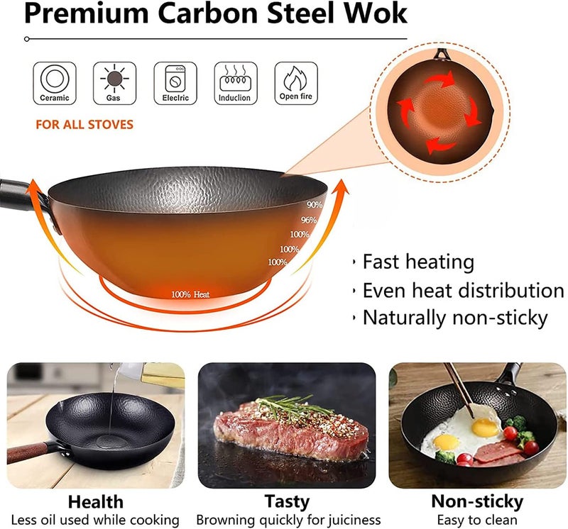 Angju Carbon Steel Wok Pan - 32cm Woks and Stir Fry Pans with Lid, No Chemical Coated Wok Pan for Electric, Induction & Gas Stoves, Nonstick Iron Wok and Stir Fry Pan with Detachable Wooden Handle - Image 2