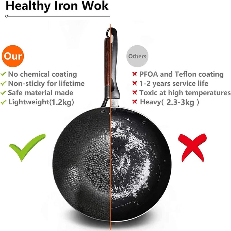 Angju Carbon Steel Wok Pan - 32cm Woks and Stir Fry Pans with Lid, No Chemical Coated Wok Pan for Electric, Induction & Gas Stoves, Nonstick Iron Wok and Stir Fry Pan with Detachable Wooden Handle - Image 3