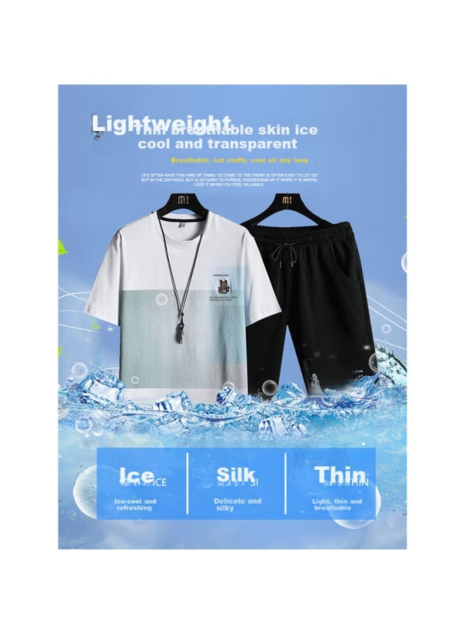 Dingfengbaoluo Men's Short Sleeve T-shirt Set Casual Sports Summer Trendy Matching Handsome Pure Cotton Thin Kpr01 Black 2XL - Image 2