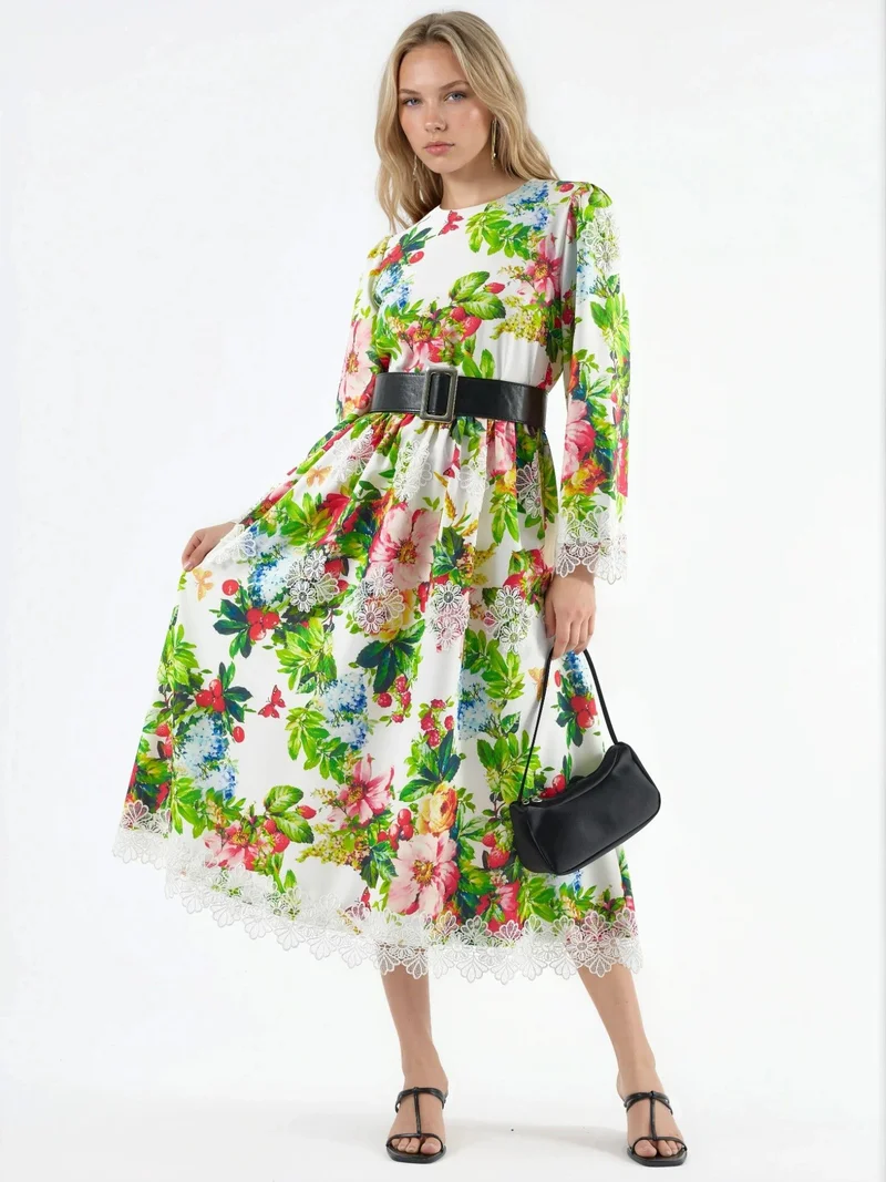 جينيفر Floral Belted A-Line Midi Dress