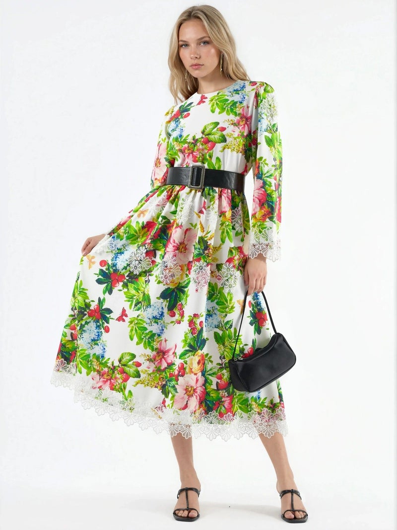 Jennyfer Floral Belted A-Line Midi Dress - Image 1