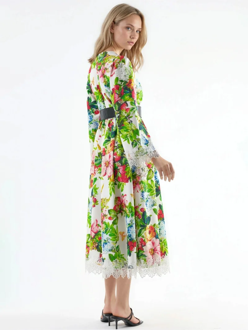 جينيفر Floral Belted A-Line Midi Dress