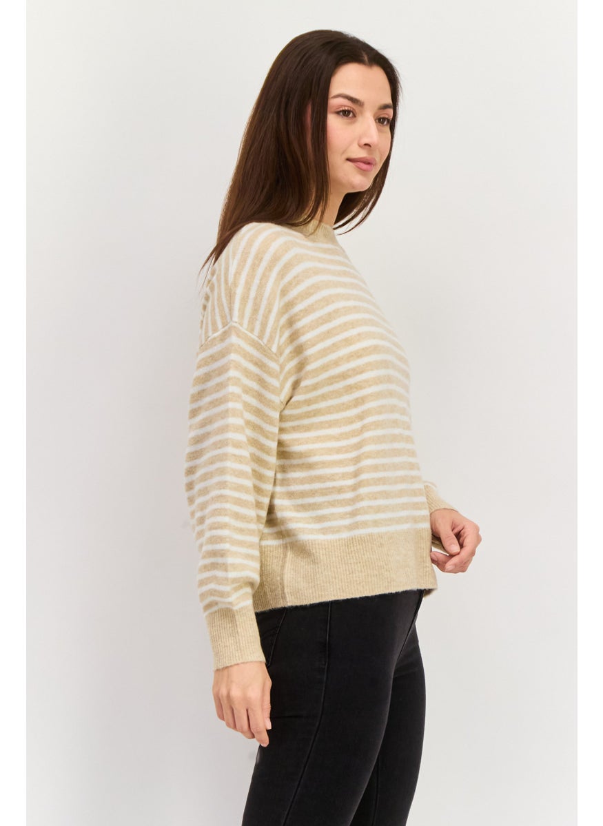 ESPRIT Women Crew Neck Stripe Sweater, Beige  - Image 3