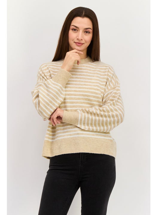Women Crew Neck Stripe Sweater, Beige