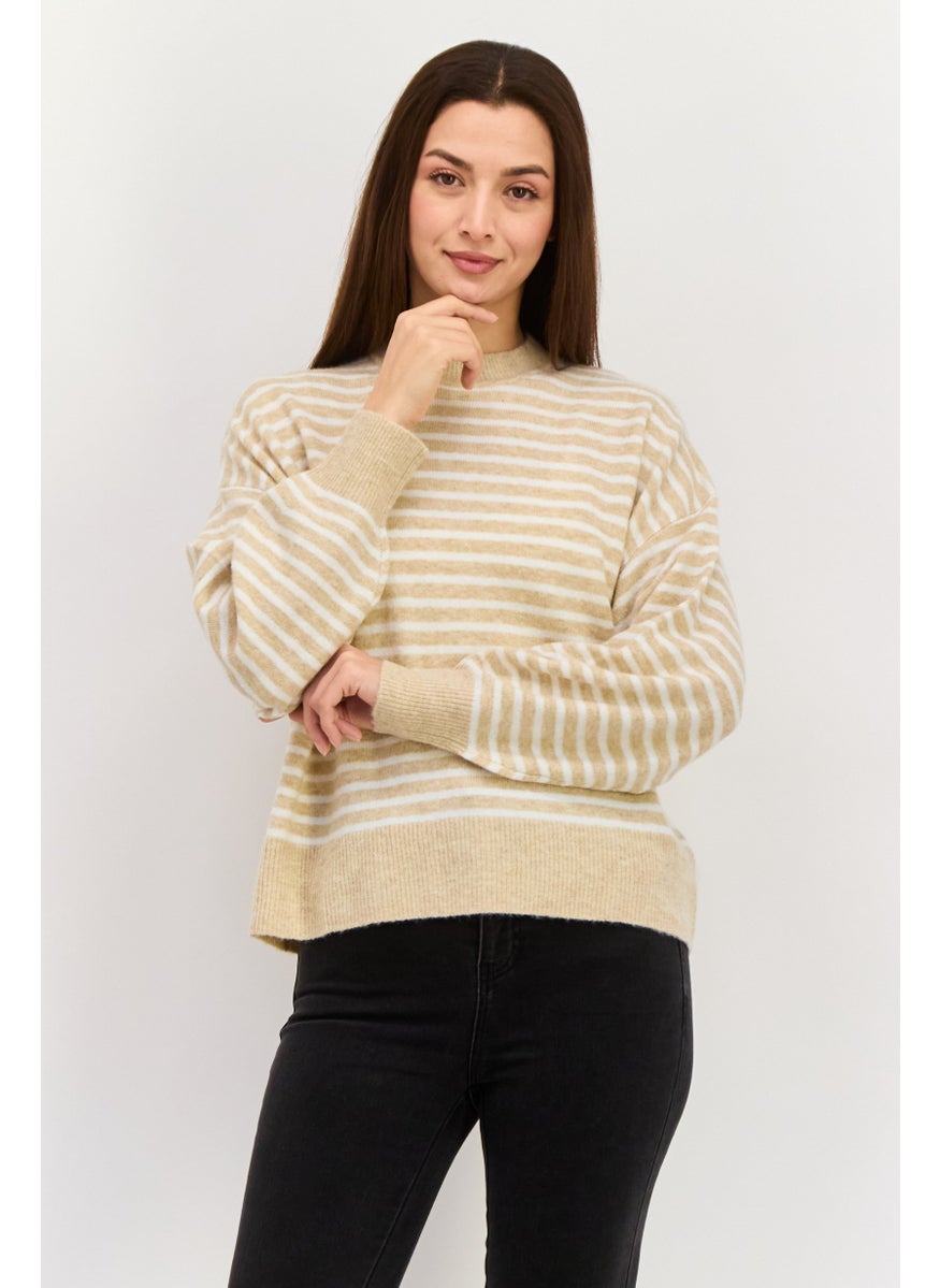 ESPRIT Women Crew Neck Stripe Sweater, Beige  - Image 1