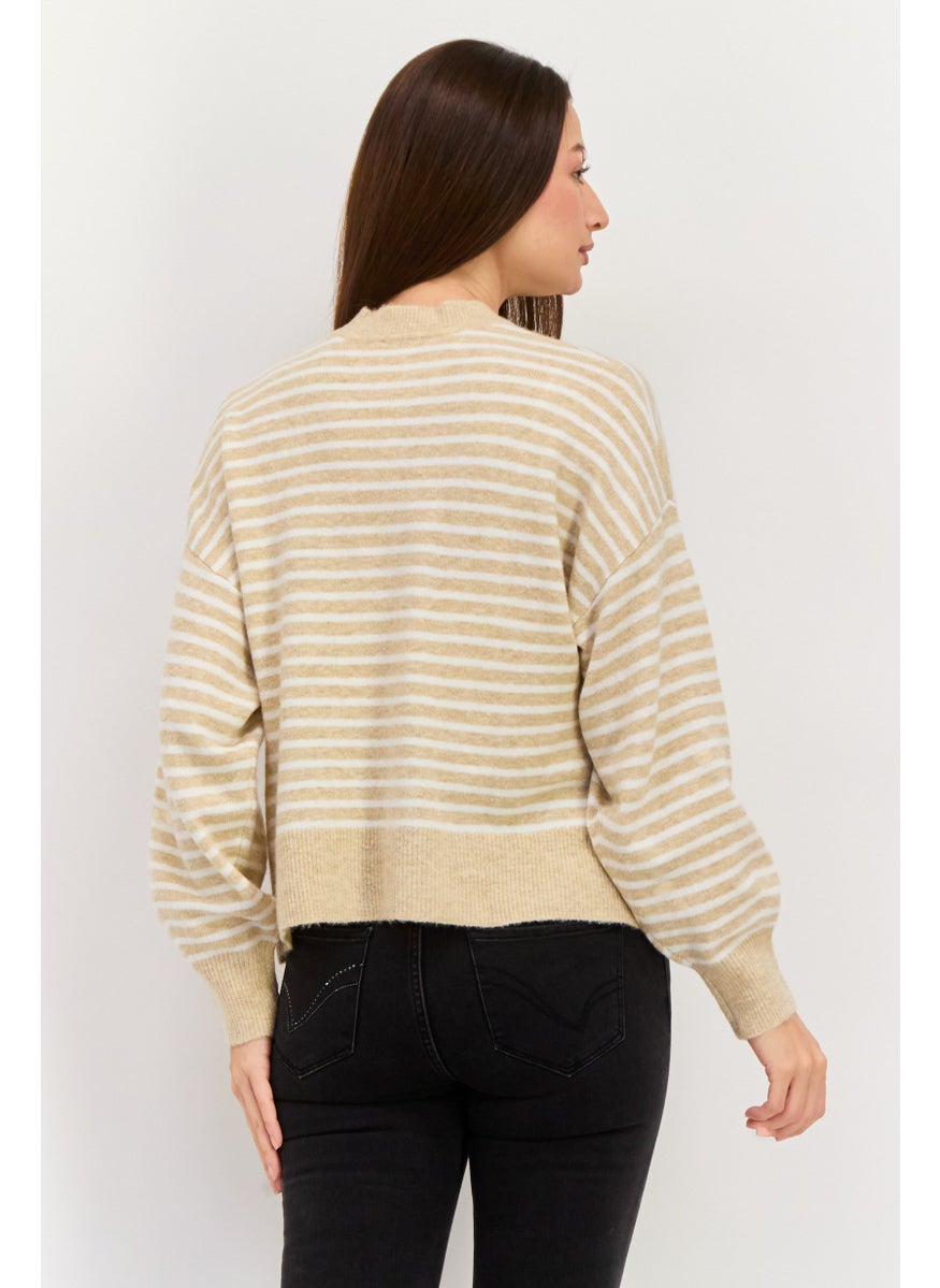 ESPRIT Women Crew Neck Stripe Sweater, Beige  - Image 4