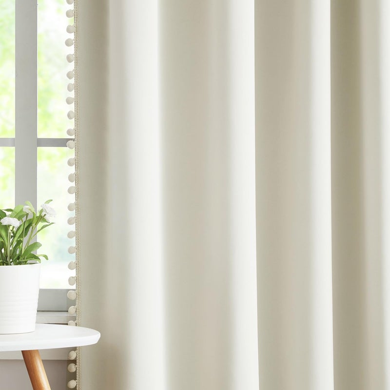 Treatmentex Full Blackout Curtains for Bedroom Natural Ivory Pom-Pom Thermal Insulated Window Drapes 63inch Length Curtain Panels for Kids Guest Room Hotel 52"" Wx 2pcs Beige Rod Pocket - Image 4