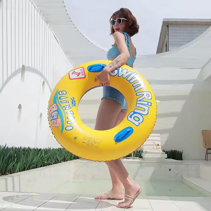 JUPREV Inflatable Swim Tube 80cm with Handles & Foot Pump – Durable Yellow Pool Float, Thick PVC Swim Ring for Kids & Adults, Beach & Pool Party Water Fun - Image 2