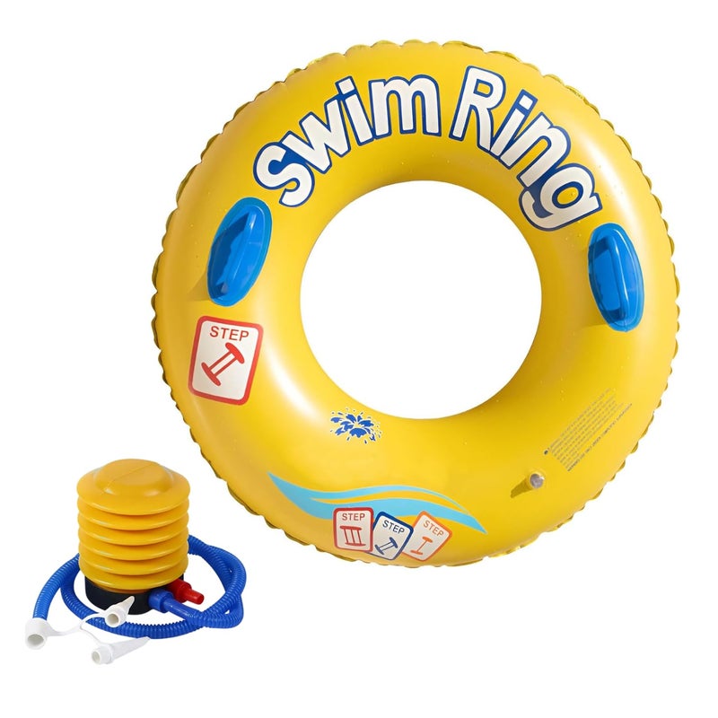 JUPREV Inflatable Swim Tube 80cm with Handles & Foot Pump – Durable Yellow Pool Float, Thick PVC Swim Ring for Kids & Adults, Beach & Pool Party Water Fun - Image 1