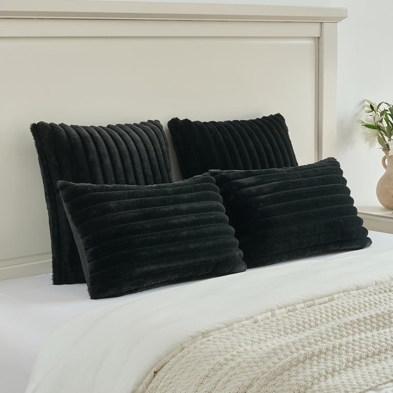 FUTEI Black Striped Decorative Throw Pillow Covers 20x20 Inch Set of 2,Square Winter Decorations Couch Pillow Case,Soft Cozy Faux Rabbit Fur & Velvet Back,Modern Home Decor for Bed - Image 5