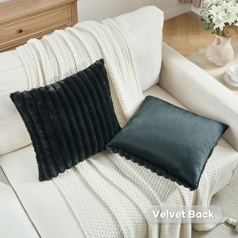 FUTEI Black Striped Decorative Throw Pillow Covers 20x20 Inch Set of 2,Square Winter Decorations Couch Pillow Case,Soft Cozy Faux Rabbit Fur & Velvet Back,Modern Home Decor for Bed - Image 4