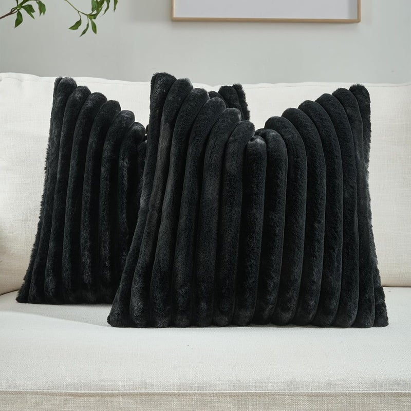FUTEI Black Striped Decorative Throw Pillow Covers 20x20 Inch Set of 2,Square Winter Decorations Couch Pillow Case,Soft Cozy Faux Rabbit Fur & Velvet Back,Modern Home Decor for Bed - Image 1