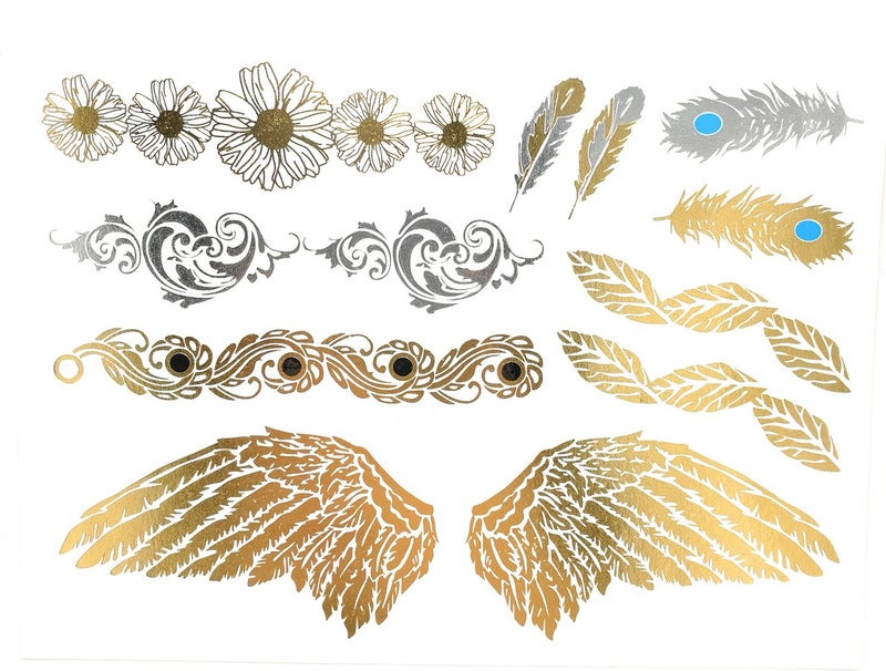 S.A.V.I 3D Temporary Tattoo Golden and Silver Metallic Sticker Wings Peacock Feathers Design Size 21x15cm - 1pc. (202), Gold, 13 g - Image 1