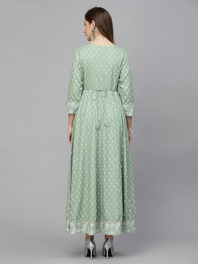 Stylum Women's Printed & Embroidered Rayon Anarkali Kurta Pista Green - Image 2