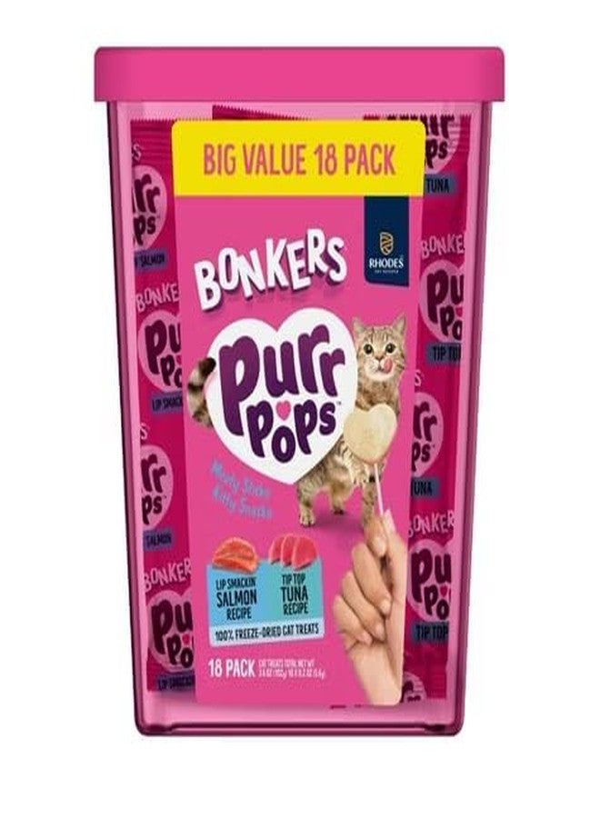Bonkers Purrpops Freeze Dried Tuna & Salmon Flavor Lollipop Cat Treats, Healthy Real Meat Treats, Training Treats or Food Topper, for All Breeds and Ages, Value Pack (18 Pieces) - Image 1