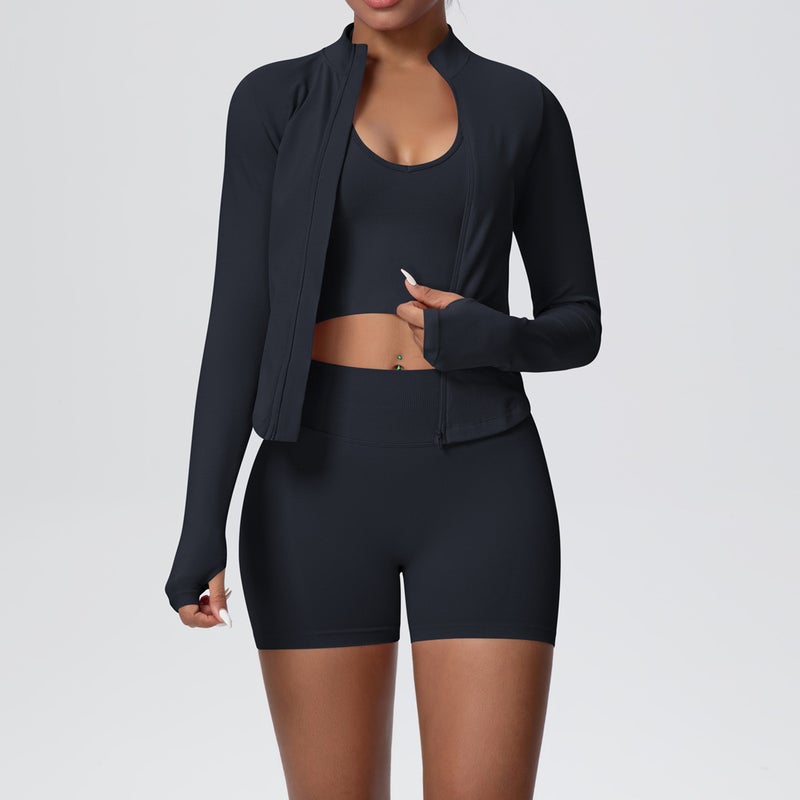 Seamless Solid Color High-Stretch Breathable Short Jacket Yoga Set - 3-Piece Sports Outfit for Running and  Fitness - Image 5