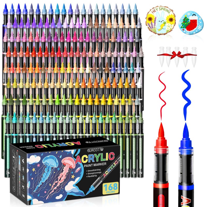 Surcotto 168 Color Acrylic Paint Markers,Acrylic Brush Marker,Soft Brush Tip Pens and Markers,Acrylic Paint Pens for Wood, Stone, Canvas, Glass, Fabric, Egg, Rock Painting - Image 1