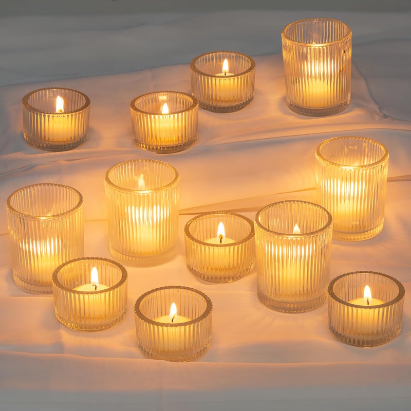 Glasseam Clear Glass Votive Candle Holders Small Tea Light Candle Holders in Bulk Ribbed Vintage Candle Holder Set of 24 Decorative Tealight Holders for Wedding Centerpieces Party Decorations