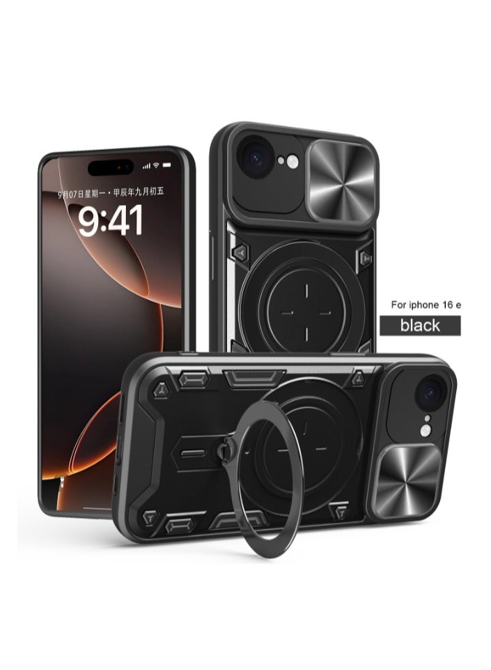 for iPhone 16e Case, Slide Camera Lens Cover, Magnetic Ring Holder Kickstand Protective Phone Case for iPhone 16e, Black - Image 1