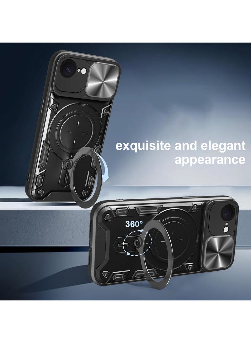 for iPhone 16e Case, Slide Camera Lens Cover, Magnetic Ring Holder Kickstand Protective Phone Case for iPhone 16e, Black - Image 2