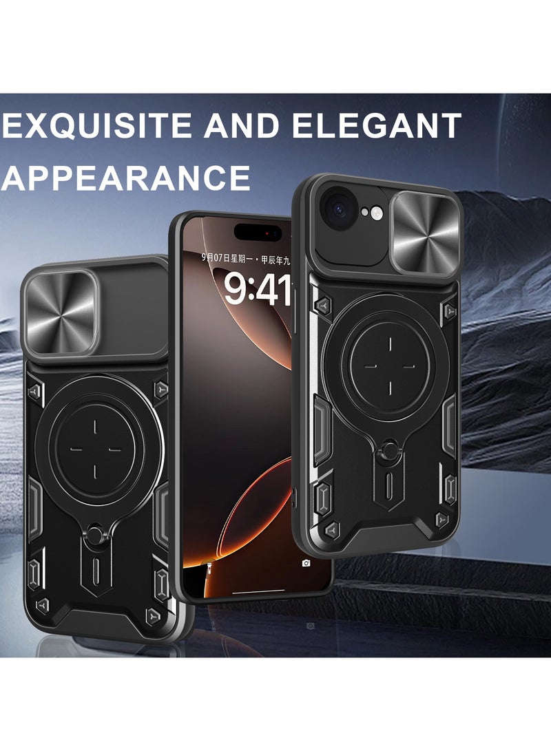 for iPhone 16e Case, Slide Camera Lens Cover, Magnetic Ring Holder Kickstand Protective Phone Case for iPhone 16e, Black - Image 3