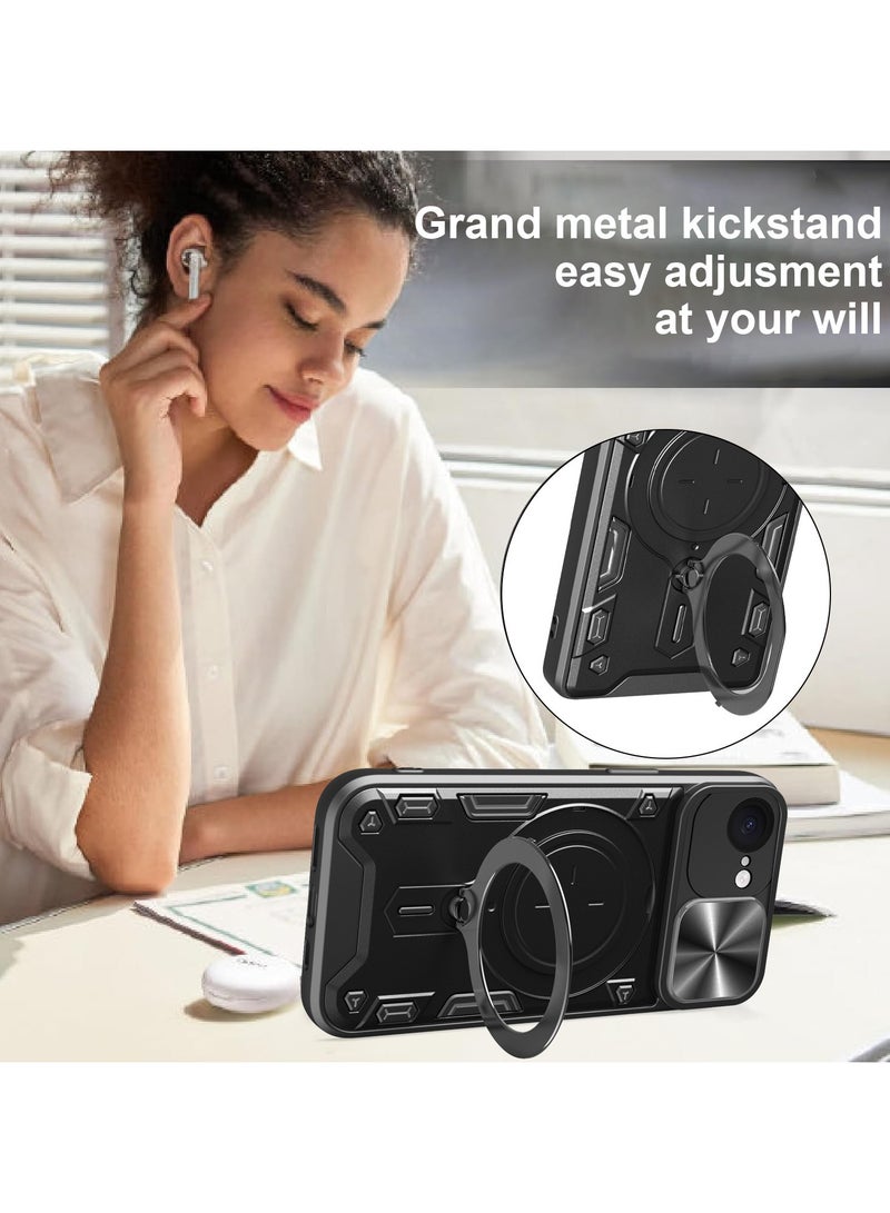 for iPhone 16e Case, Slide Camera Lens Cover, Magnetic Ring Holder Kickstand Protective Phone Case for iPhone 16e, Black - Image 4