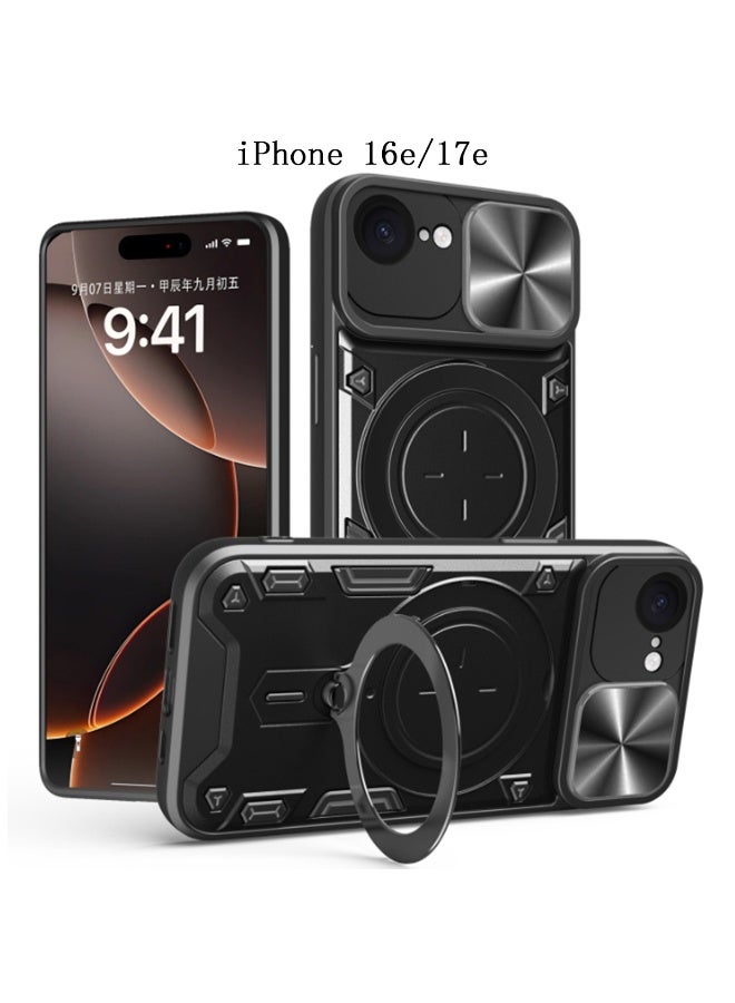 غطاء هاتف iPhone 16e/17e، غطاء عدسة الكاميرا المنزلق، حامل حلقة مغناطيسية وحامل قاعدة لحماية الهاتف، لون أسود. - Image 1