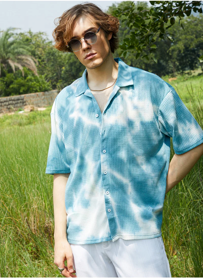 Campus Sutra Men's Daisy White & Sky Blue Tie-Dye Waffle Oversized Shirt