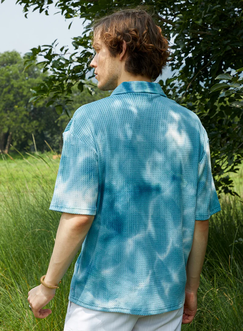 كامبوس سوترا Men's Daisy White & Sky Blue Tie-Dye Waffle Oversized Shirt
