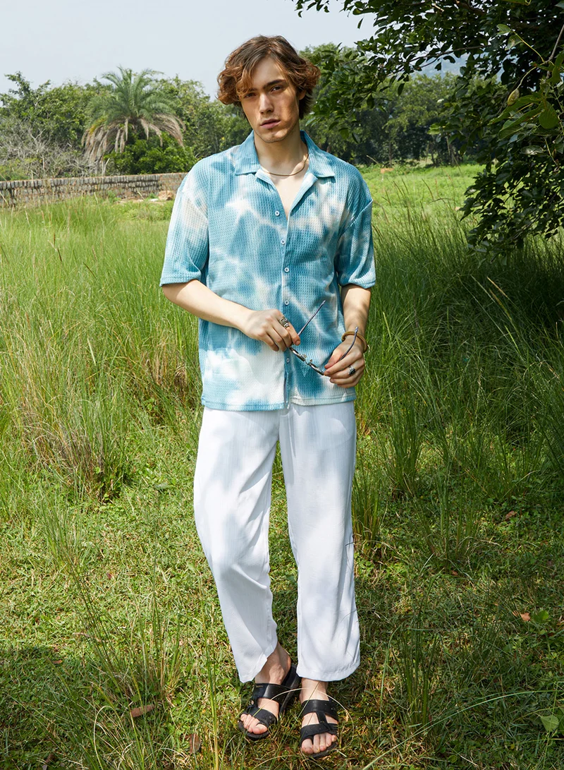 كامبوس سوترا Men's Daisy White & Sky Blue Tie-Dye Waffle Oversized Shirt