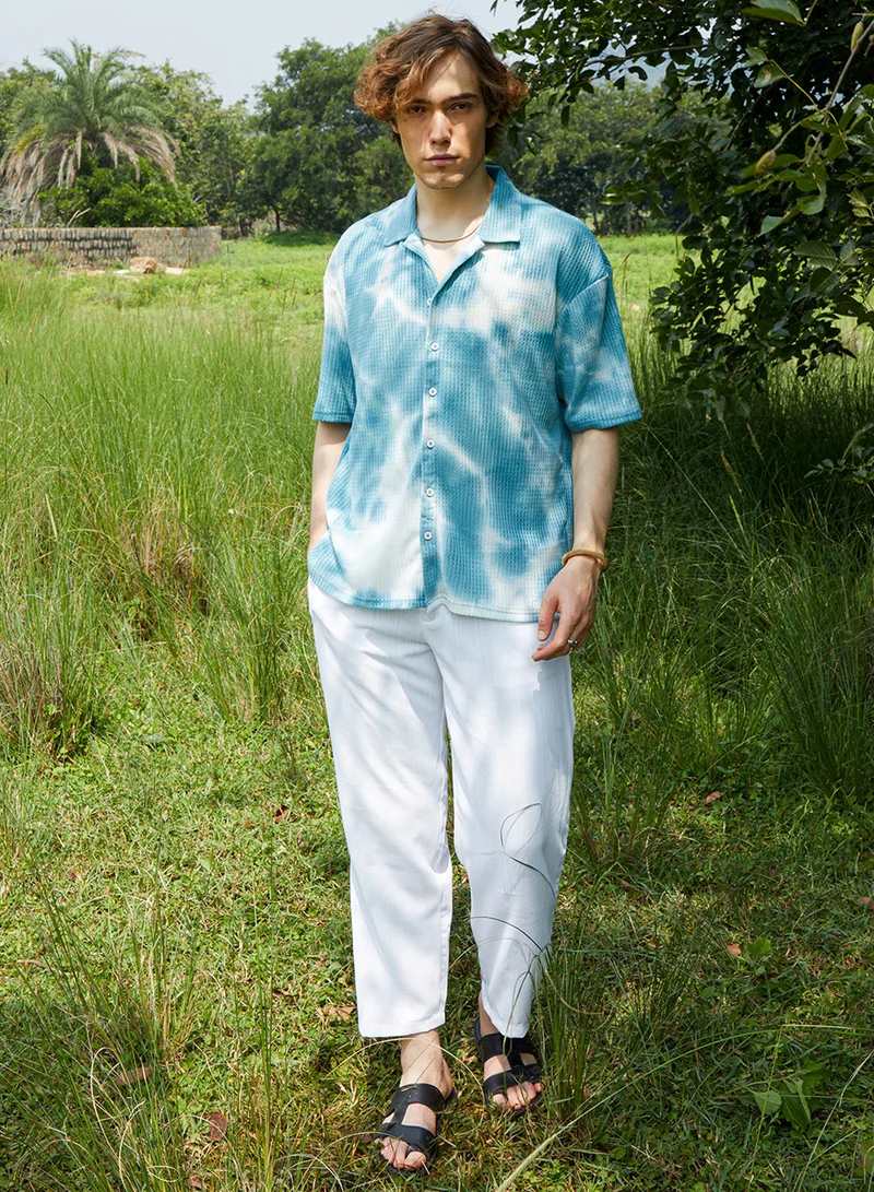 كامبوس سوترا Men's Daisy White & Sky Blue Tie-Dye Waffle Oversized Shirt