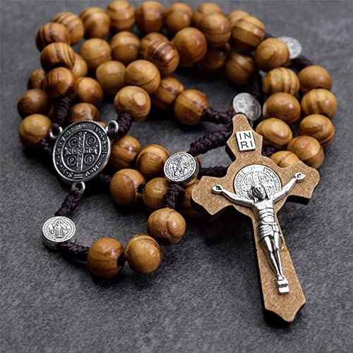 CHENGXIN PLESIU 2 Pack Wooden Rosary Beads Catholic for Men, Saint Benedict Handmade Jesus Statue Cross Pendant Rosary Necklace - Image 5