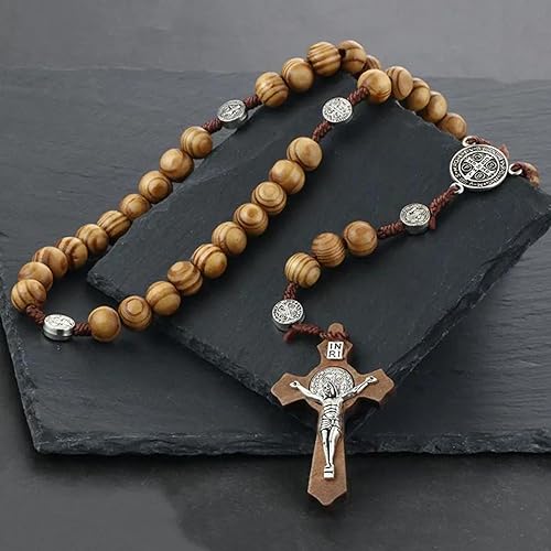 CHENGXIN PLESIU 2 Pack Wooden Rosary Beads Catholic for Men, Saint Benedict Handmade Jesus Statue Cross Pendant Rosary Necklace - Image 4