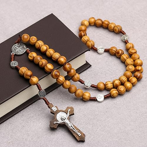 CHENGXIN PLESIU 2 Pack Wooden Rosary Beads Catholic for Men, Saint Benedict Handmade Jesus Statue Cross Pendant Rosary Necklace - Image 3