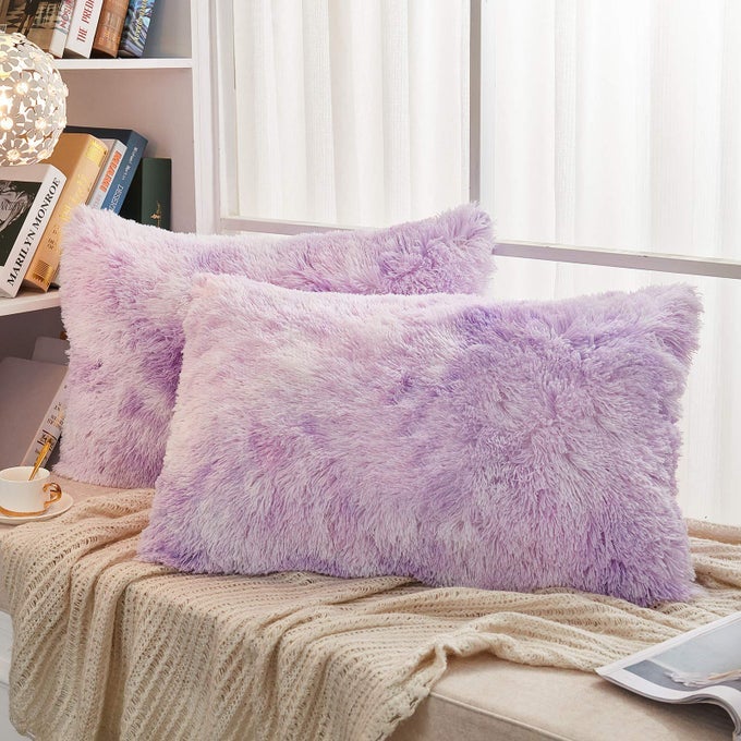 FAUX FUR DECORATIVE THROW PILLOW SHAMS 2 PACK ABSTRACT STYLE TIE DYE PRINTED SHAGGY PILLOWCASES CRYSTAL VELVET REVERSE QUEEN SIZE 20X26 INCHES LILAC