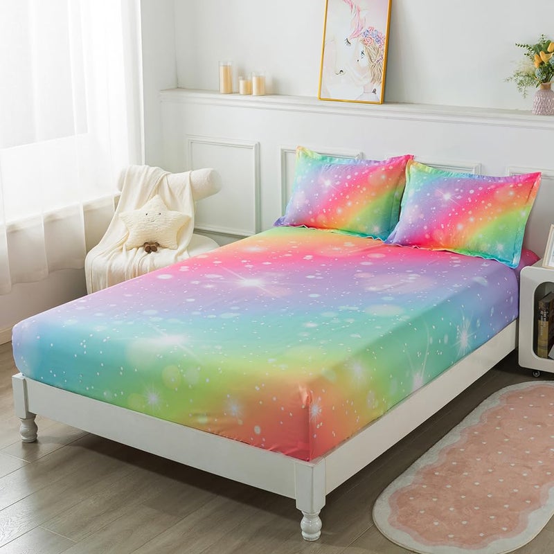 ADASMILE A & S ADASMILE A & S Rainbow Sheets Twin Size for Girls Tie Dye Pastel Girls Sheet Set for Kids Teens Glitter Girly Rainbow Bedding Set 1 Fitted Sheet 1 Flat Sheet 1 Pillowcase Soft Microfiber Home Decor  - Image 3