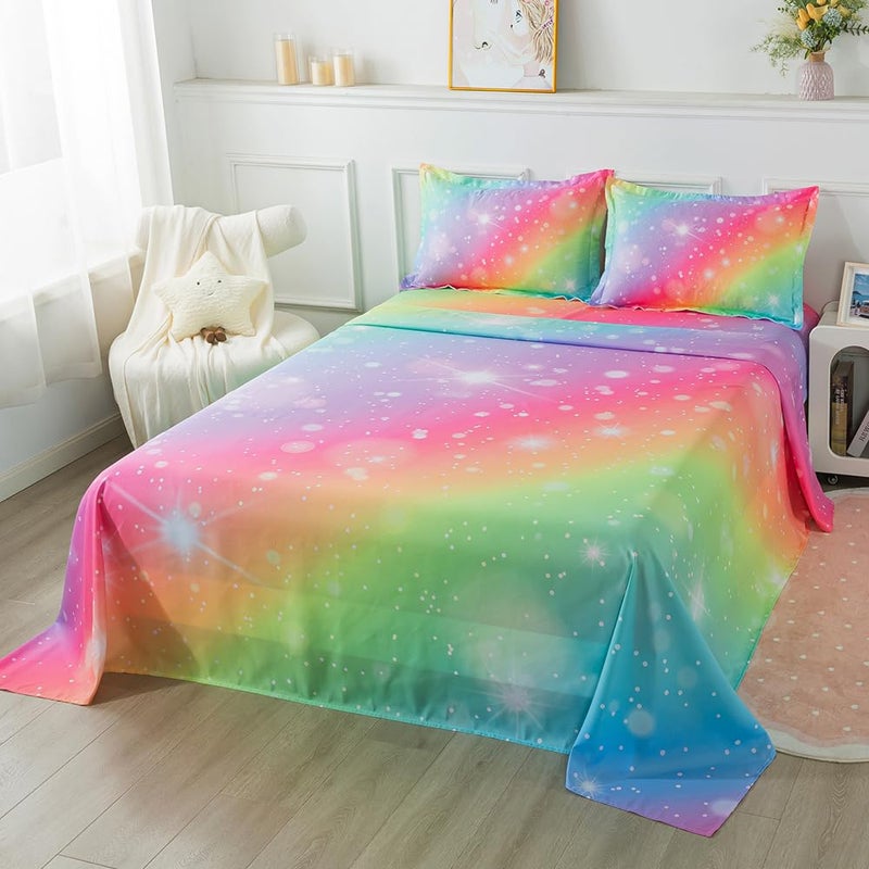 ADASMILE A & S ADASMILE A & S Rainbow Sheets Twin Size for Girls Tie Dye Pastel Girls Sheet Set for Kids Teens Glitter Girly Rainbow Bedding Set 1 Fitted Sheet 1 Flat Sheet 1 Pillowcase Soft Microfiber Home Decor  - Image 2