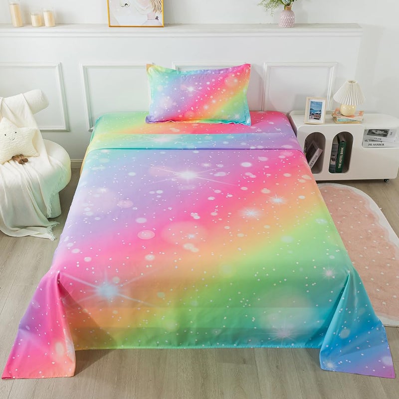 ADASMILE A & S ADASMILE A & S Rainbow Sheets Twin Size for Girls Tie Dye Pastel Girls Sheet Set for Kids Teens Glitter Girly Rainbow Bedding Set 1 Fitted Sheet 1 Flat Sheet 1 Pillowcase Soft Microfiber Home Decor  - Image 1