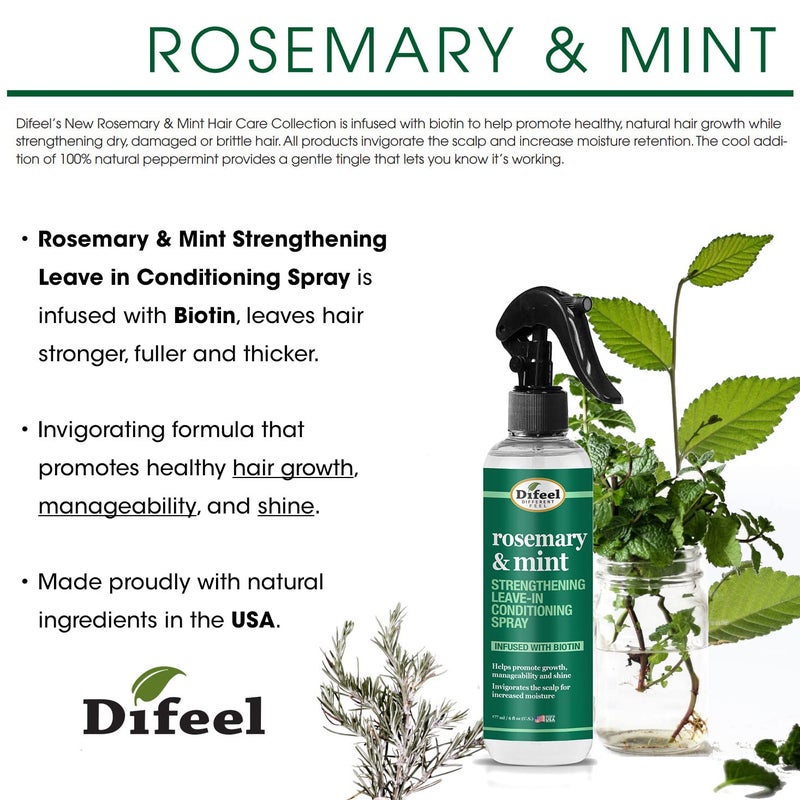 Difeel Rosemary and Mint Strengthening Leave-In Conditioning Spray with Biotin 6 oz. - Made with Natural Mint & Rosemary Oil for Hair Growth - Image 2