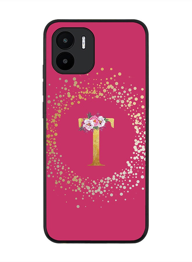 Stylizedd Rugged Black edge case for Xiaomi Redmi A1, Slim fit Rubber Edges Thin Cover -  Custom Monogram Initial Letter Floral Pattern Alphabet - T  (Dark Pink Rose ) - Image 1