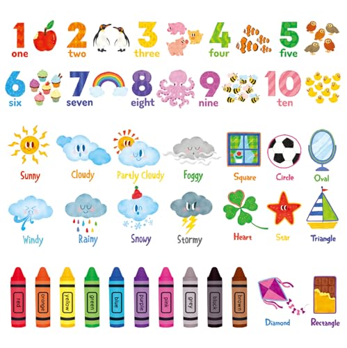 DECOWALL DS98056 Numbers Crayons Weather and Shape wall Decals Stickers Kids Nursery Classroom Bedroom Room dcor playroom Stick Peel Educational Removable Colorful Living Decal Animal Learning - Image 1