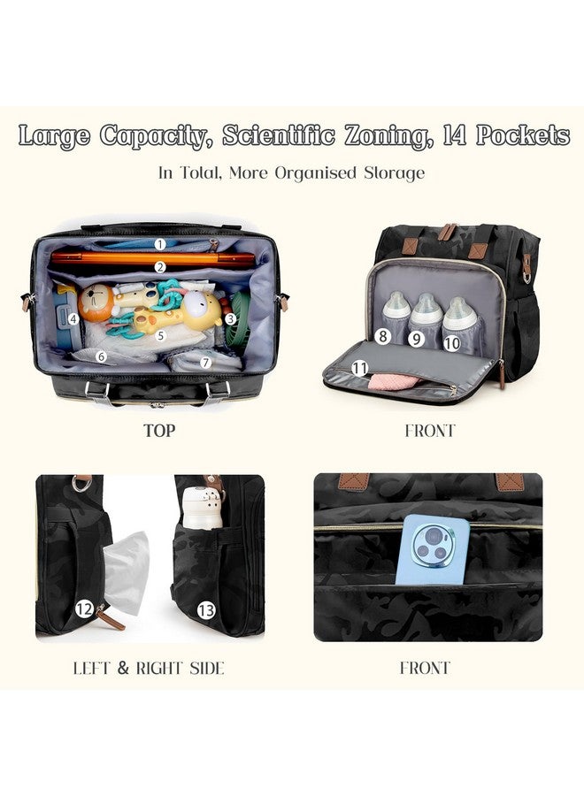 Pripher 4 in 1 Diaper Bag Backpack, Diaper Bag Backpack for Mom Dad, Travel Diaper Bag Converts into Backpack with Shoulder Strap, Mom Bag for Hospital with 14 Pockets, Large Capacity Baby Bag Camo Black - Image 3