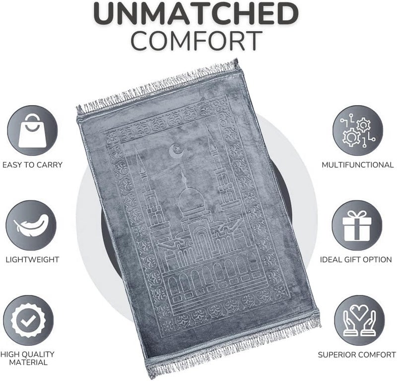 MARK STORE Prayer Mat Embossed Anti-Slip Velvet Top Prayer Rug for Umrah Hajj Ramadan 80 x 120 cm, Best Gift For Ramadan (Grey) - Image 2