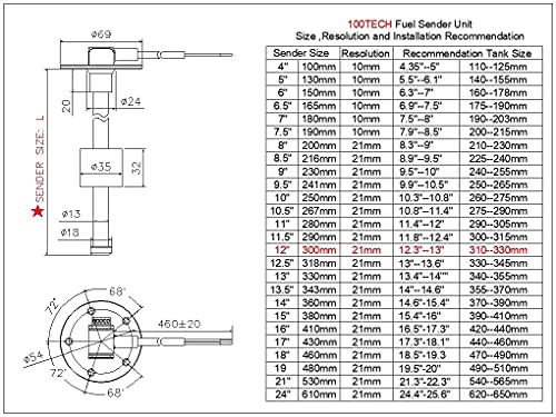 100TECH Fuel Sending Unit 240-33 ohms 12"（300mm Marine for Boat Vehicle Truck RV Fuel Tank Sending Unit Fuel Water Level Sending Unit Fuel Gas Sender Fuel Water Level Sensor Fuel Gauge Sending Unit - Image 4