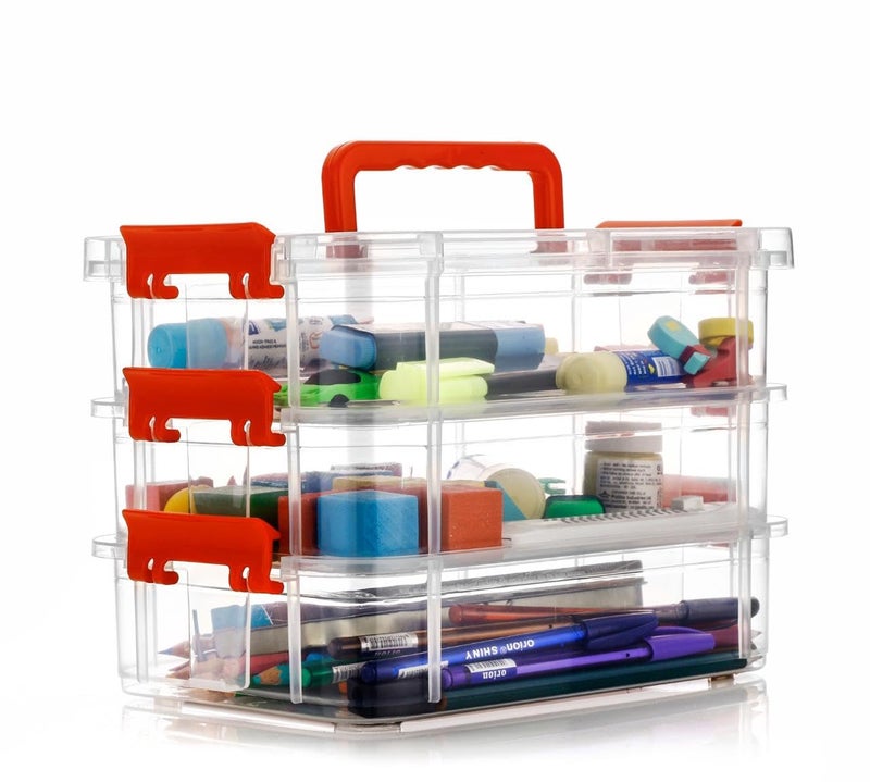 Stysol 3 Layer Stack Carry Adjustable Storage Box With Carry Handle Transparent Stackable Storage Bin with Handle Lid Locking Storage Container for School and Office Supplies - Image 2