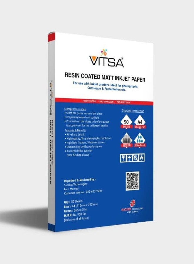 VITSA 265 GSM RC (Resin Coated) Water Proof Instant Dry Luster Inkjet Photo Paper A4 (297mm x 210mm) (A4, Matte Finish) - Image 2