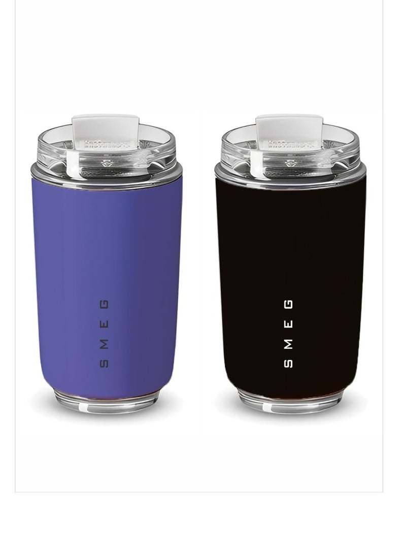 smeg كوب سفر، كوب قهوة معزول، كوب قهوة حراري من الفولاذ المقاوم للصدأ قابل لإعادة الاستخدام، خفيف الوزن وقابل للحمل لمشروبات المكتب والسفر، (عبوة من 2 قطعة، 350 مل، بنفسجي وأسود) - Image 1