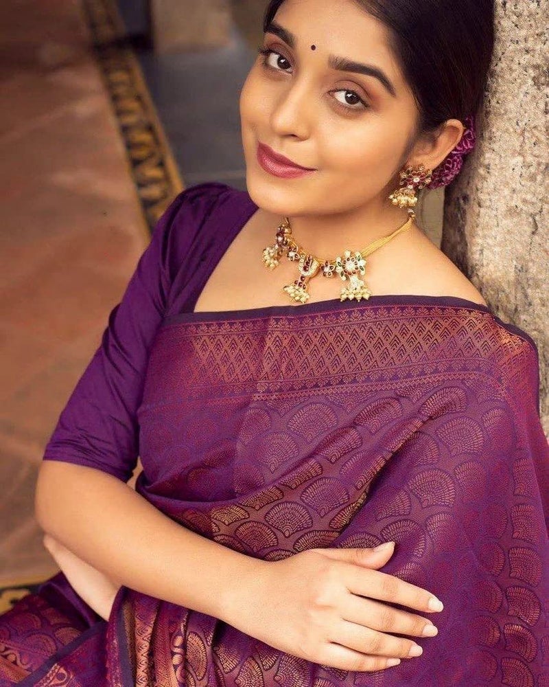 SGF11 Women's Kanjivaram Soft Silk Saree With Blouse Piece (Purple) - Image 4